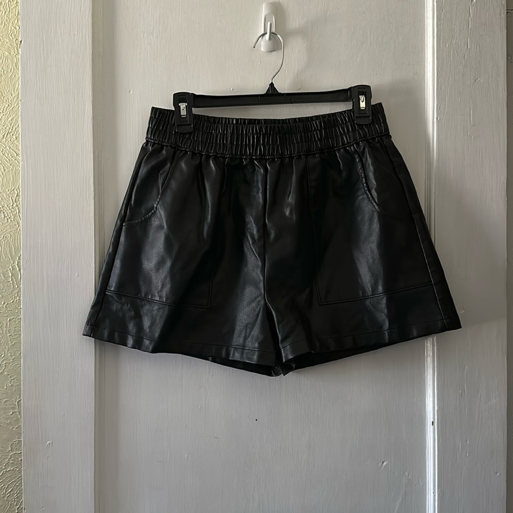 Altar’d State Black Faux Leather High Rise Pull On Elastic Waist Shorts